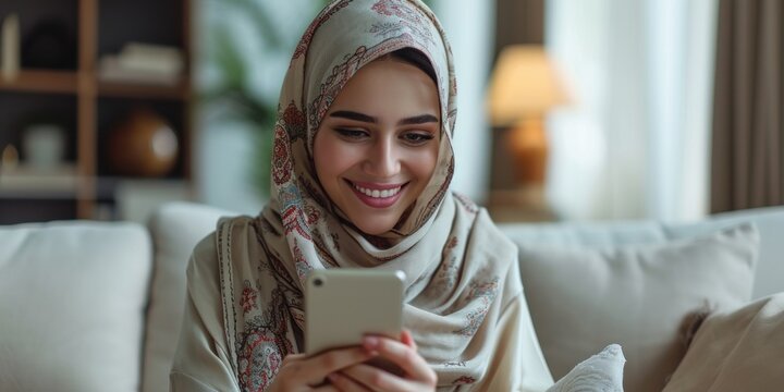Arab woman with a smile using her smartphone at home. Generative Ai.