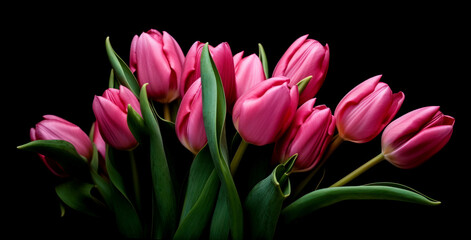 beautiful background of burgundy tulip flowers on dark background, floral spring natural background