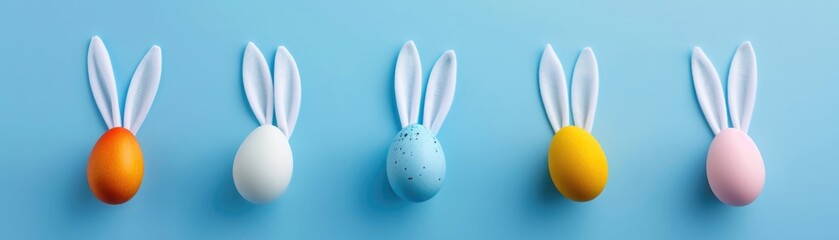 Fototapeta premium Creative Easter Egg Row. A top-down view of lively eggs paired with bunny ears on a light blue background. Capture the essence of the season with area for your text. Generated AI