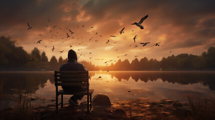 sunset on the lake with a man sit alone and watching the birds