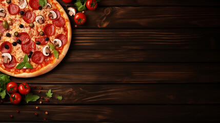 Tasty pepperoni pizza with mushrooms and olives, Traditional italian pizza on dark table, background. Top view of hot pepperoni pizza. Banner, Pizza, Generative Ai