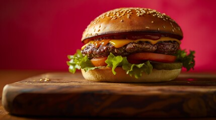 Commercial food photography, gourmet cheeseburger on a wooden cutting board over red background