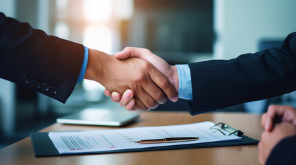 Obraz premium Close up image of two business people shaking hands after signing a contract while sitting at the wooden desk