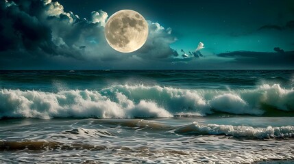 Waves on the ocean, moon in the sky, Ocean waves under the moonlight.