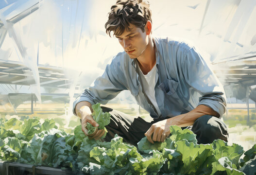 Rural Farmer, Green Crop: Young Caucasian Man Holding a Bunch of Fresh Vegetables in Sunny Vineyard
