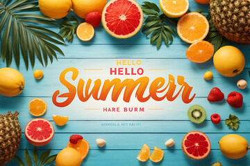 Hello, summer vector banner template. Hello, summer text in white space border with colourful beach elements like tropical fruits and a beach ball in blue wood textured background design. - obrazy, fototapety, plakaty