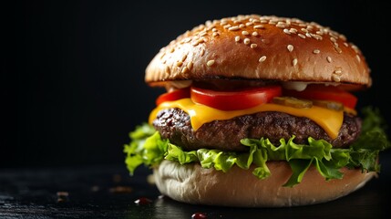 Commercial food photography, gourmet cheeseburger on a black background with space for text