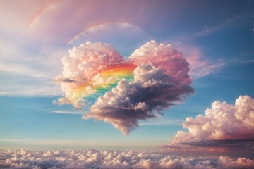 An idyllic, romantic sight of a rainbow-colored heart-shaped cloud formation would be ideal for a Valentine's Day celebration. - obrazy, fototapety, plakaty