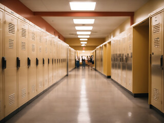 High school hallway with lockers. Education, classroom entrance design.
