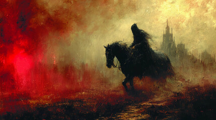 A Dark Rider Astride a Stallion With a Castle Background Dreary Medieval Grunge Fantasy Art Painting - obrazy, fototapety, plakaty