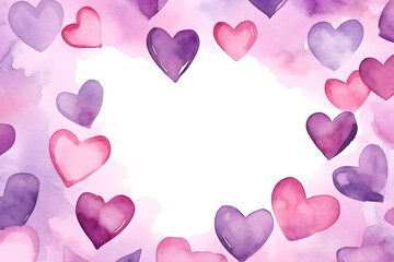 Watercolor frame made of purple and pink hearts on white background. Love and romantic concept. Women's, Valentines and Mother's Day. Template for design greeting card, print, poster with copy space 