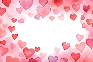 Watercolor frame made of red and pink hearts on white background. Love and romantic concept. Women's, Valentines and Mother's Day. Template for design greeting card, print, poster with copy space 