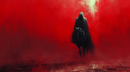 A Cloaked Dark Rider Isolated Against A Blood-Red Background Dreary Medieval Grunge Fantasy Art Painting - obrazy, fototapety, plakaty