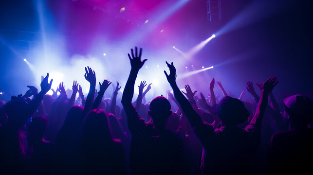 Energetic Crowd at a live concert with hands raised and colorful vibrant stage lights, music festival excitement concept
