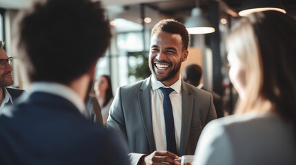 Charismatic Businessman Sharing a Laugh with Colleagues in a Modern Corporate Environment, Networking and Morale in the Workplace Concept - obrazy, fototapety, plakaty