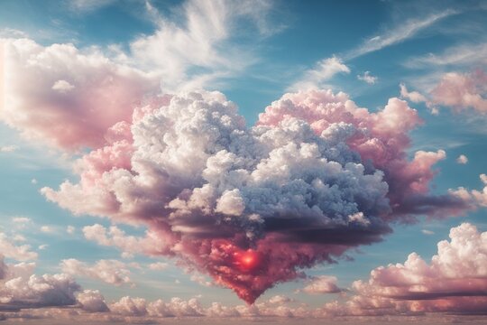 Beautifully coloured Valentine's Day heart in the clouds, a heart formed of clouds in the sky, and a love concept