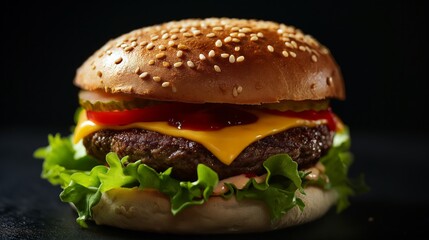 Commercial food photography, gourmet cheeseburger on a black background