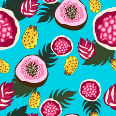 abstract tropical fantasy fruits with leaves seamless pattern