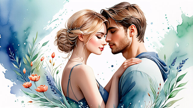 beautiful young couple watercolor art, romantic, valentine day