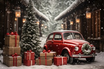 vintage red car with gifts under it in the snow. Decorated retro car with festive New Year lights, garlands, branches of Christmas tree. ai generated