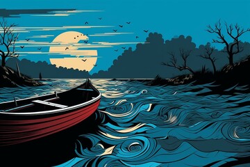 Illustration: flood, boat, sea, pop art, black, blue. Generative AI