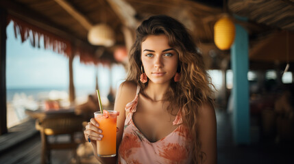 woman drinking cocktail in the summer bar