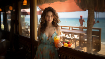 woman with drink in the beach bar
