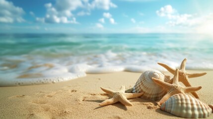 Fototapeta na wymiar Two Seashells on Sandy Beach Next to Ocean