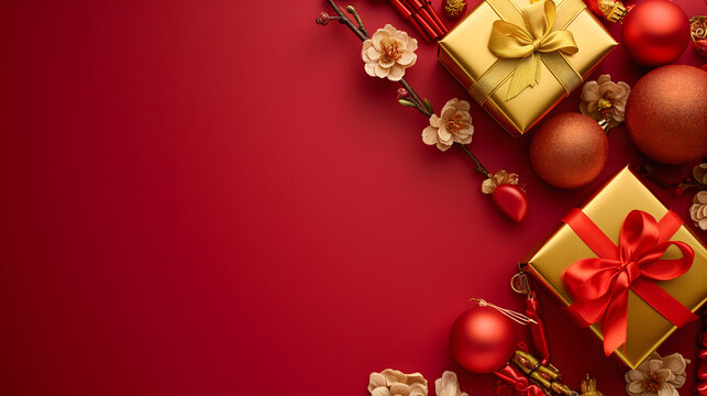 Chinese New Year seasonal social media background design with blank space for text. Cute golden plum blossom flowers with gift boxes and ornaments on red background.