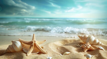 Fototapeta na wymiar Two Seashells on Sandy Beach Near Ocean