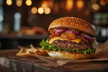 Gourmet cheeseburger on a wooden board against blurred restaurant interior background - Powered by Adobe