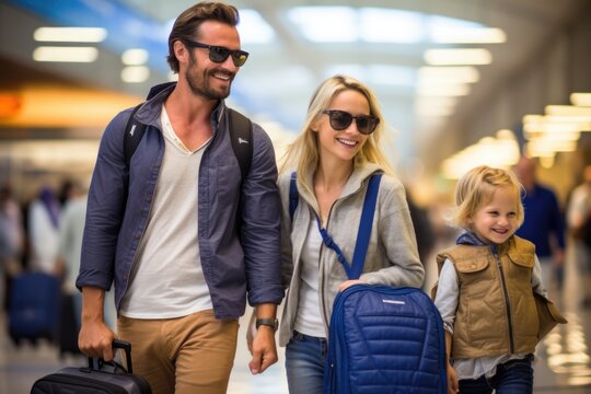 family with luggage going to plane. ai generated