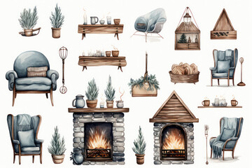 Warm Winter Adventures: Illustrated Set of Cozy Mountain Campfire in a Vintage Wooden House with Fireplace, Surrounded by Nature