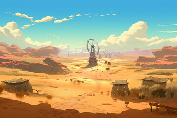 Landschaft im Anime Manga Stil von der Sonne beschienen - Wüste mit Windmühlen