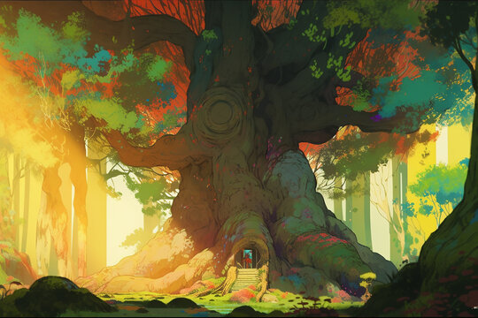Uralter Baum mit T&uuml;r im Manga Anime Stil