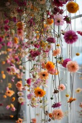 Colorful artificial flowers in flower pots on the window in the garden
