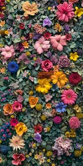 Colorful of artificial flowers background. Floral pattern. Top view.