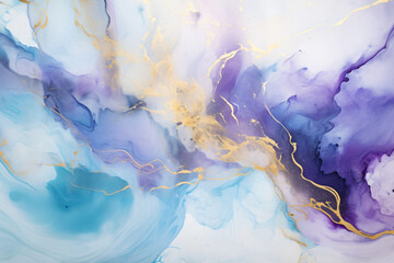 watercolor background in purple, blue and gold, in the style of fluid organic forms, marble, light turquoise and light magenta, shaped canvas, resin