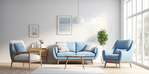 Naklejka na ściany i meble A living room mockup with a blue sofa wooden table and white decor, Dark blue sofa and recliner chair interior design of modern living room