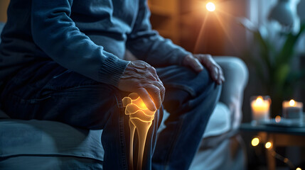 Senior man with knee pain at home with highlighted knee, health concept - obrazy, fototapety, plakaty
