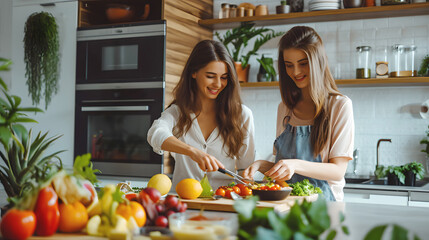 A couple of girls preparing a healthy breakfast in their kitchen
