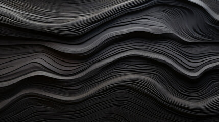 the surface of a textured ridge with black color, in the style of abstract landscape, shaped canvas, varying wood grains, color field minimalism, wavy resin sheets, soft-focus, surreal organic shapes