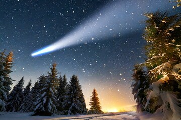 Christmas night. The first star lit up in the winter forest with snow and the night starry s