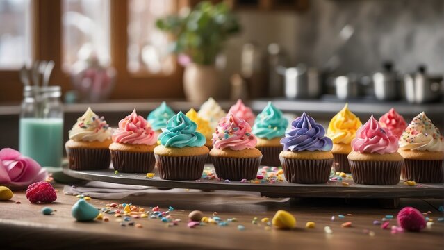 yummy birthday cupcakes with candles photo