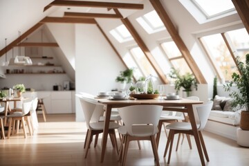 Scandinavian Interior home design of modern dining room with wooden dining table and chairs in the attic of the house