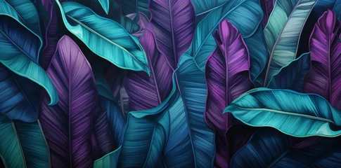 Fotobehang lush tropical tropical leaves pattern with colorful banana leaves, in the style of dark bronze and light azure, hyperrealistic compositions, dark gray and purple, shaped canvas © Possibility Pages