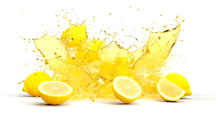a splash of lemon juice and lemons and slices of fruit lying around.