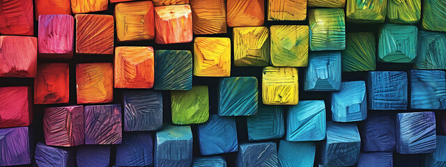 colorful wooden blocks arranged in rows, in the style of mesmerizing colorscapes, blocky, illusory space - obrazy, fototapety, plakaty