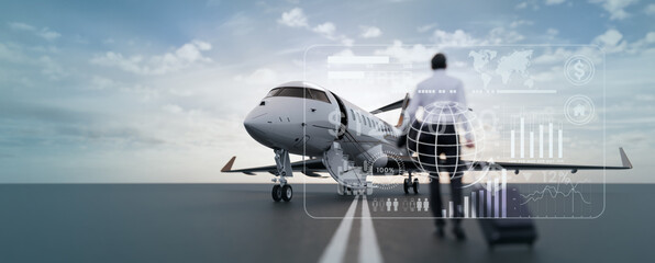 Businessman boarding a private jet .