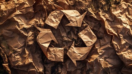 crumpled brown paper with recycle symbol